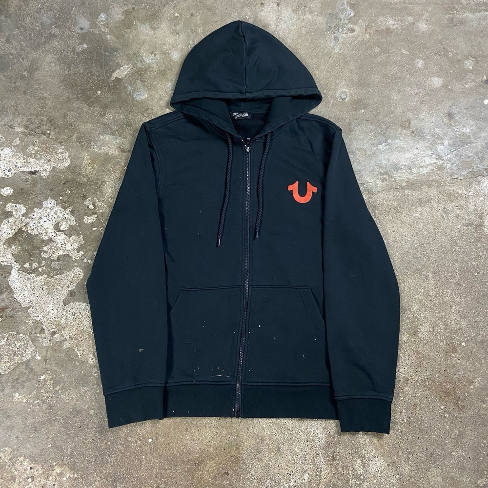 True Religion World Tour Sweatshirt Size Large Black Fleece Full Zip Buddha Hood
